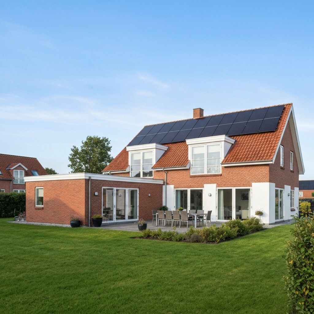 Dansk enfamiliehus i røde mursten med solceller på tegltaget